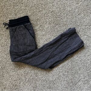 Athleta size 6 navy blue linen pants, white stripes, drawstring waist, pockets